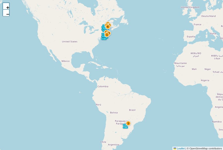 Map of Interdata server locations: nodes in North America and in Paraguay